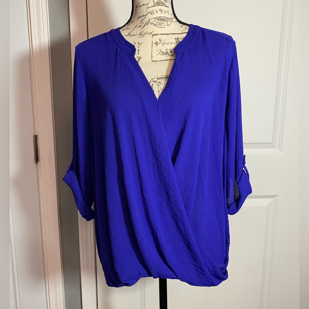 a.n.a Royal Blue Sheer Gauzy Roll-tab Sleeve‎ Blouse XL L